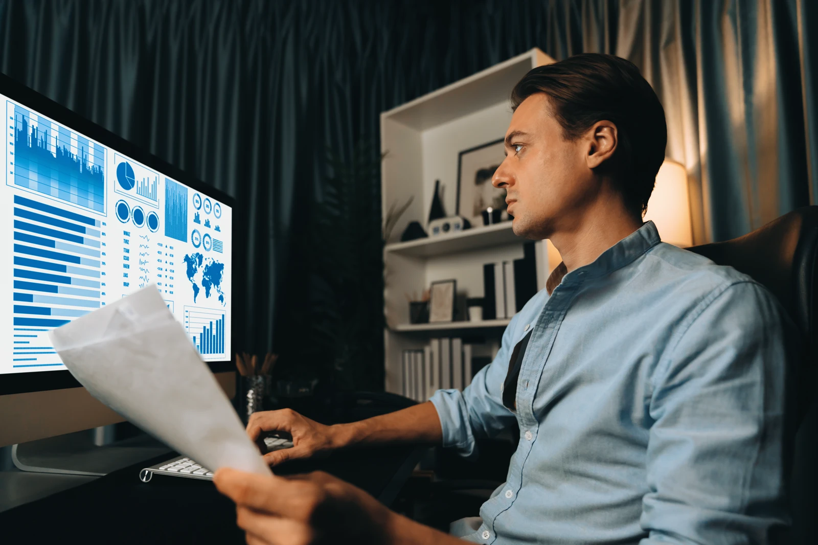 Professional analyzing corporate metrics and global data dashboards