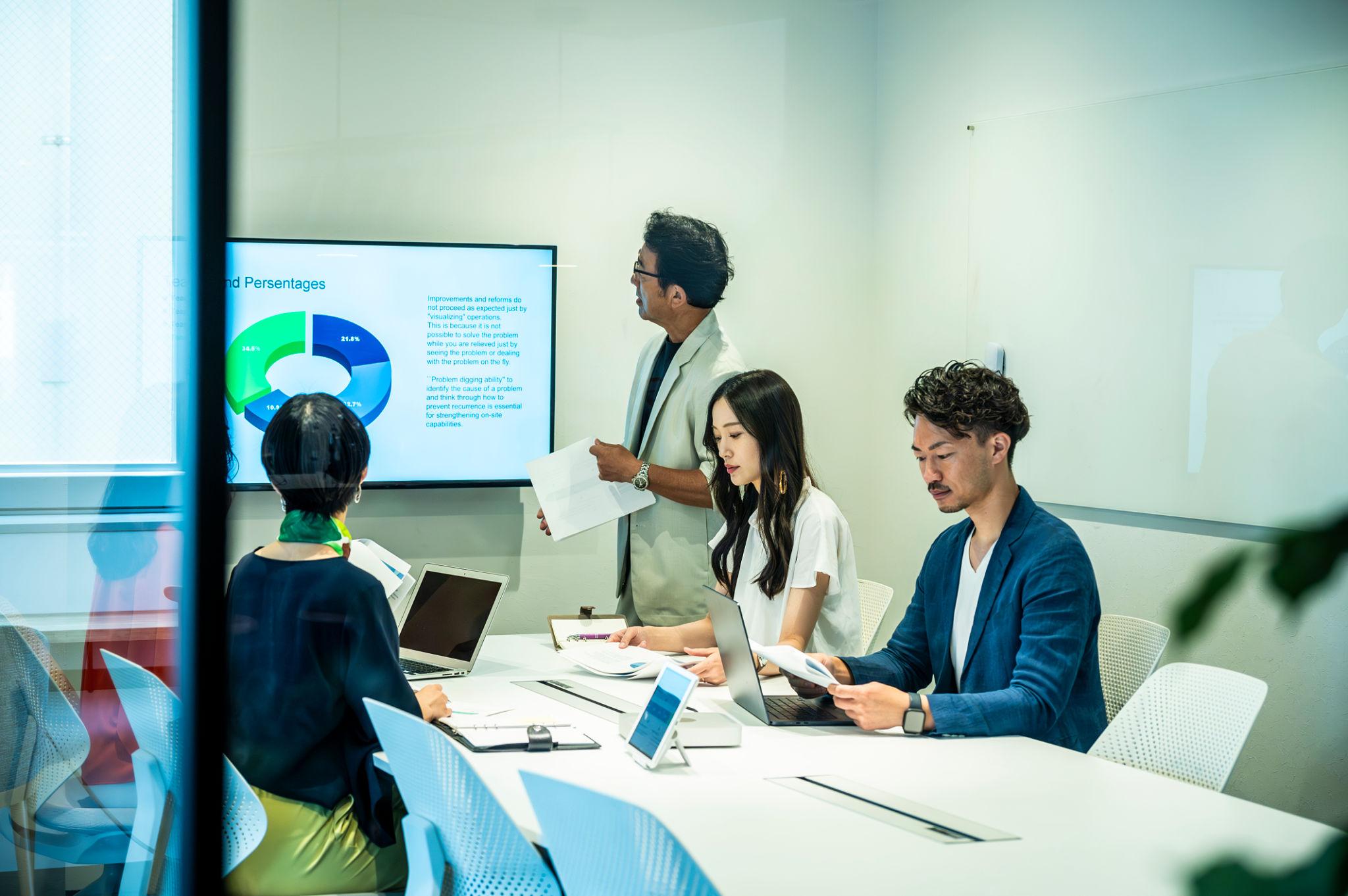 business professional delivering a presentation with a pie chart slide
