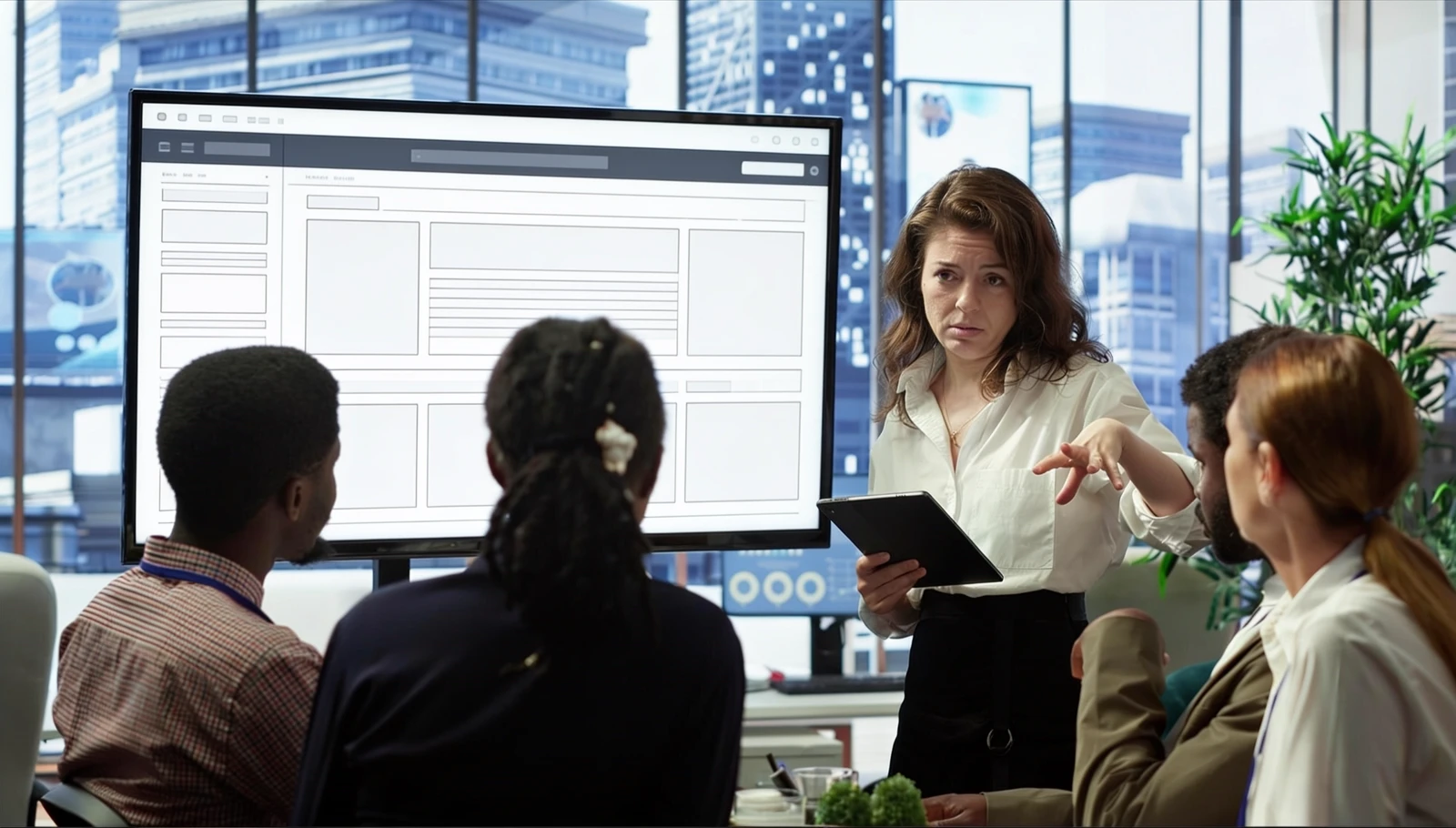 A woman holding a tablet gestures while presenting a large monitor displaying
