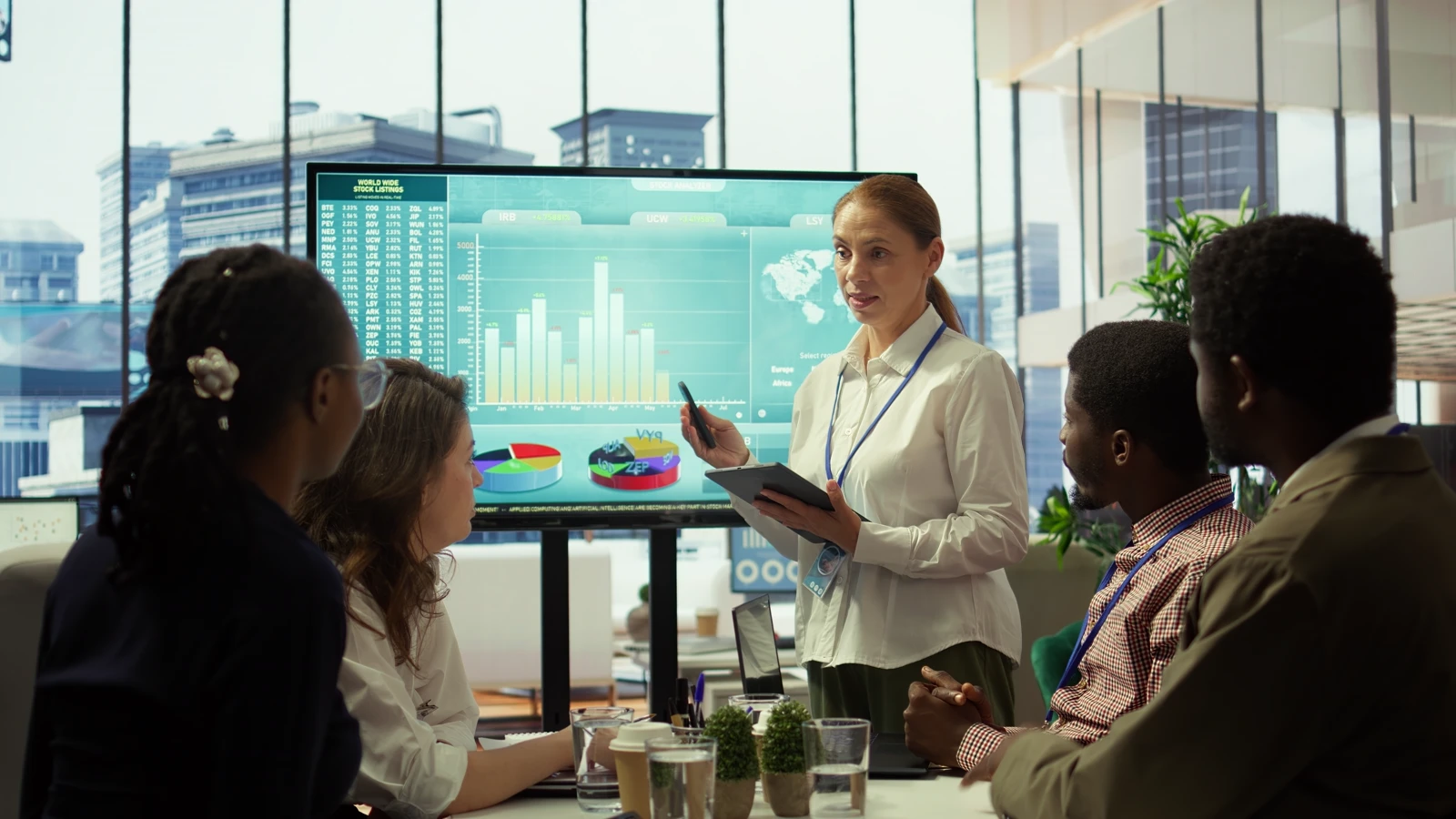 presenting stock market analysis and global financial charts to a corporate team