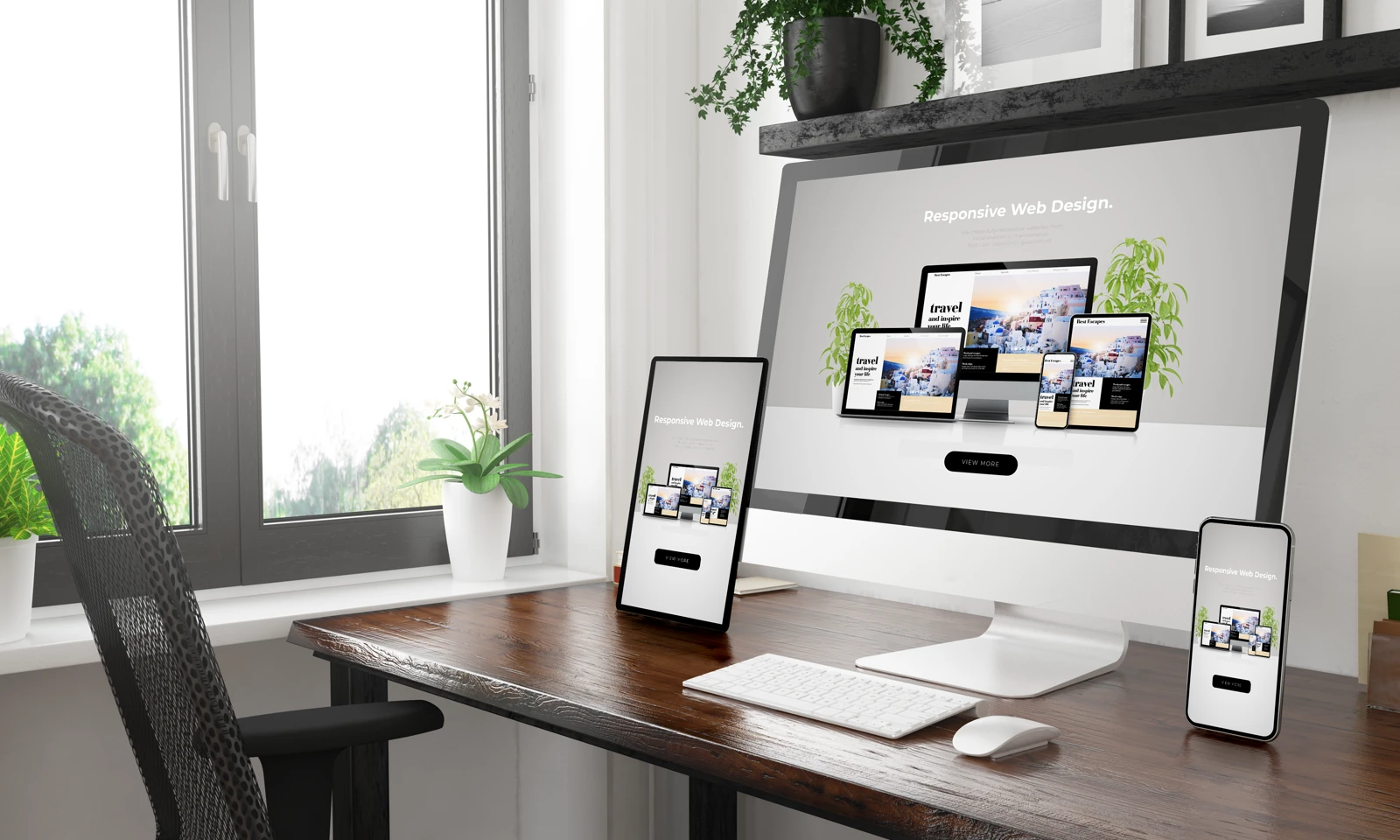 Responsive design shown across desktop, tablet, and mobile devices.