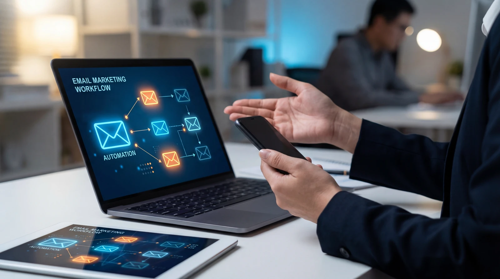 setting up an automated email marketing workflow using a laptop and mobile phone