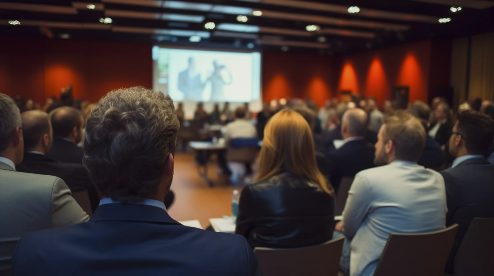 Professionals gathered at a corporate seminar viewing a business presentation