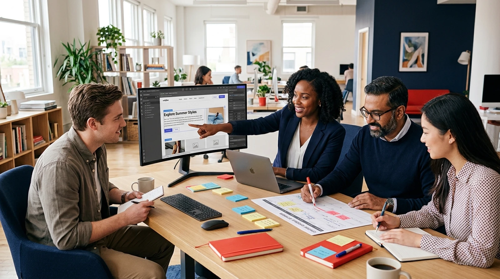 Content marketing team planning an editorial schedule and reviewing website layout drafts in a creative open-plan office
